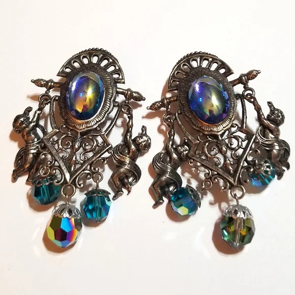 1980s Runway Style Cherub Aurora Borealis Long Earrings - Picture 7 of 7